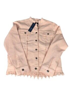 NWT Celestial Blue Womens Peach Pink Denim Jacket Medium Crochet Lace Fringe Raw
